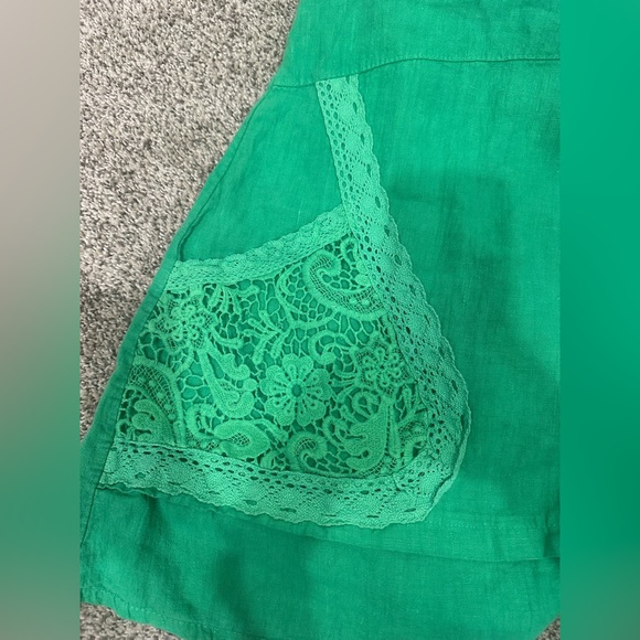 LaBass Tunic  Women Short Sleeve Embroidered Green 100% Linen Italy One Size - Picture 10 of 11